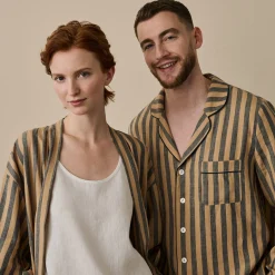 Blue & Porcini Striped Linen Robe Women Linen Pajamas|Linen Pajamas