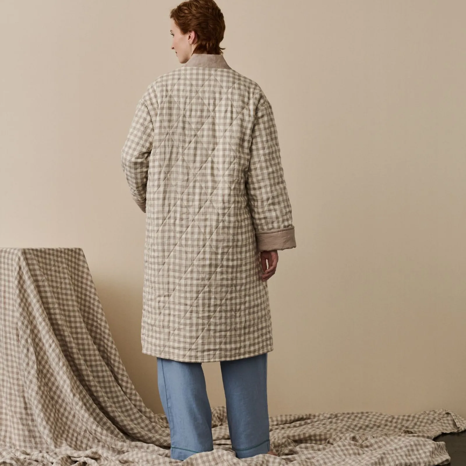 Mushroom Gingham Linen Housecoat Women Linen Pajamas|Linen Pajamas