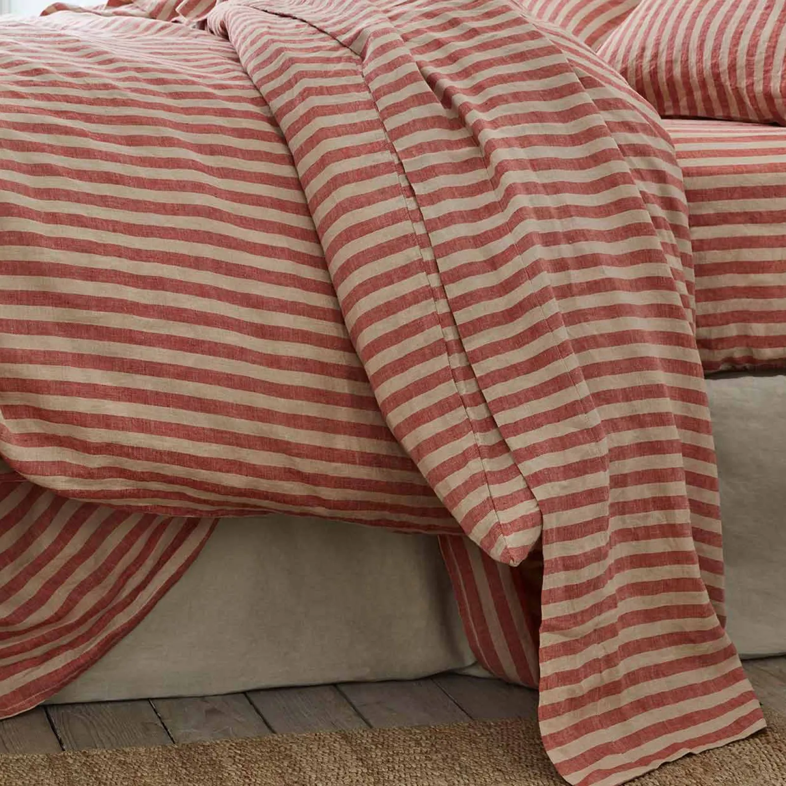 Outlet Sandstone Red Stripe 100% Linen Flat Sheet Striped Bedding|Linen Bedding