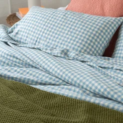 Sale 100% Linen Flat Sheet Gingham Bedding|Linen Bedding