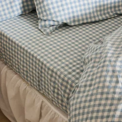 Clearance Linen Blend Fitted Sheet Gingham Bedding|Linen Bedding