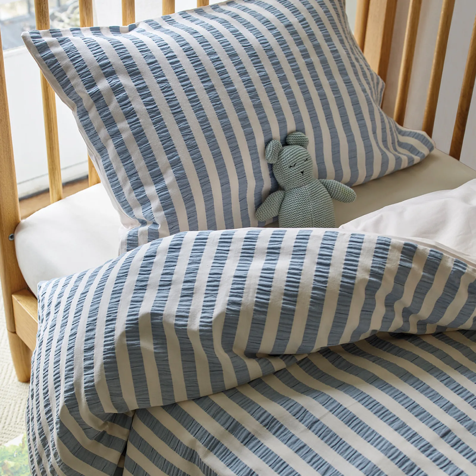 Warm Blue Seersucker Kids Stripe Cotton Bedding Set Kids Striped Bedding|Kids Bedding
